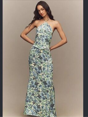 BHLDN Satin Floral Halter Maxi Dress in Blue and Green